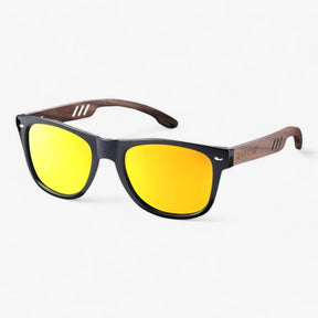 Sunglasses : Barcur, Klassieke Coole Houten Tempels Zonnebril, UV400 Gepolariseerde Zonnebril - Glanzend Zwart in Oranje van Pantino