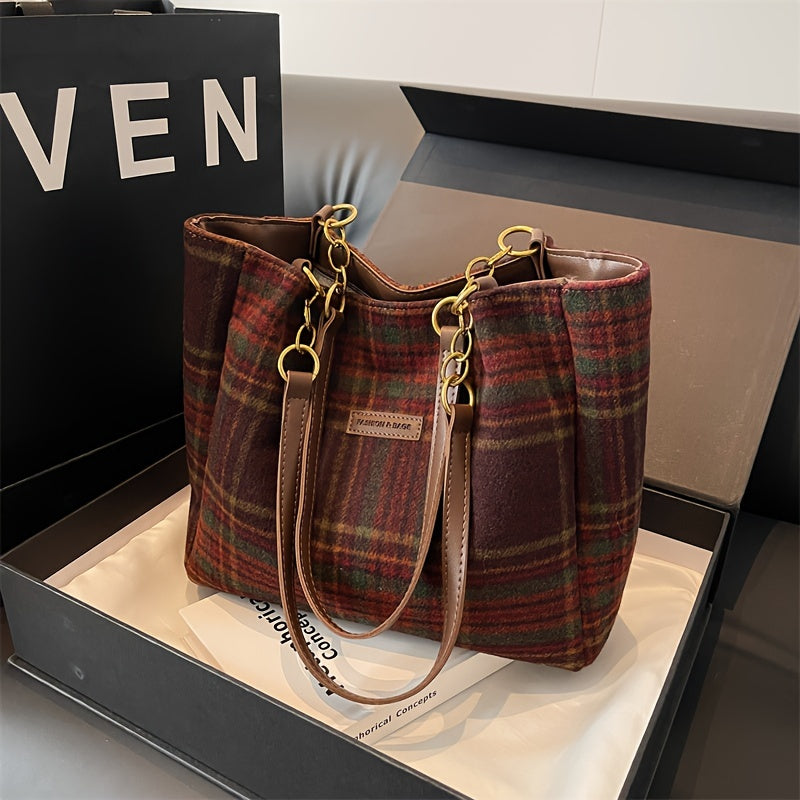 bags : S.f.y. - Modieuze Corduroy Kettingtas - Khaki in Geruite Bruin van Pantino