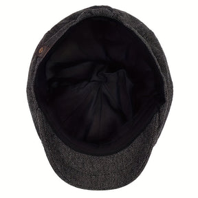 Flat Cap : Baret Heren Zwart - Retro Pet met Acht Stofpanden in Visgraattweed, Casual Gestreepte in van Pantino