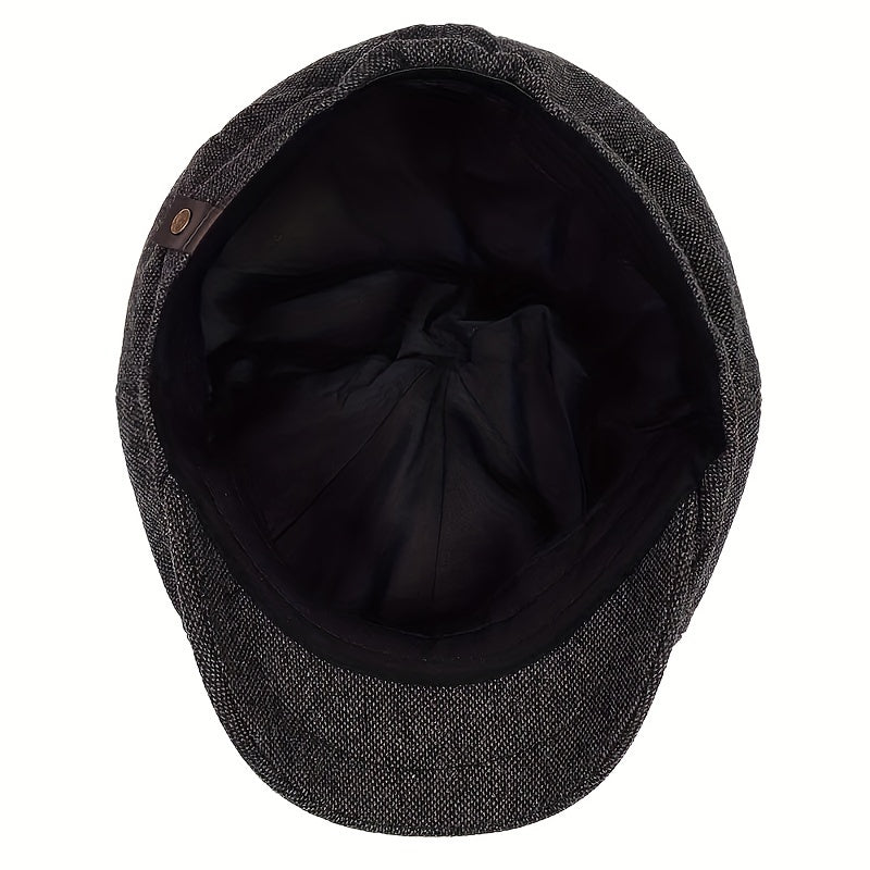 Flat Cap : Baret Heren Zwart - Retro Pet met Acht Stofpanden in Visgraattweed, Casual Gestreepte in van Pantino