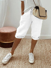 skirts : Pantalon capri en coton-lin à cordon, coupe décontractée Femme in Blanc van Pantino