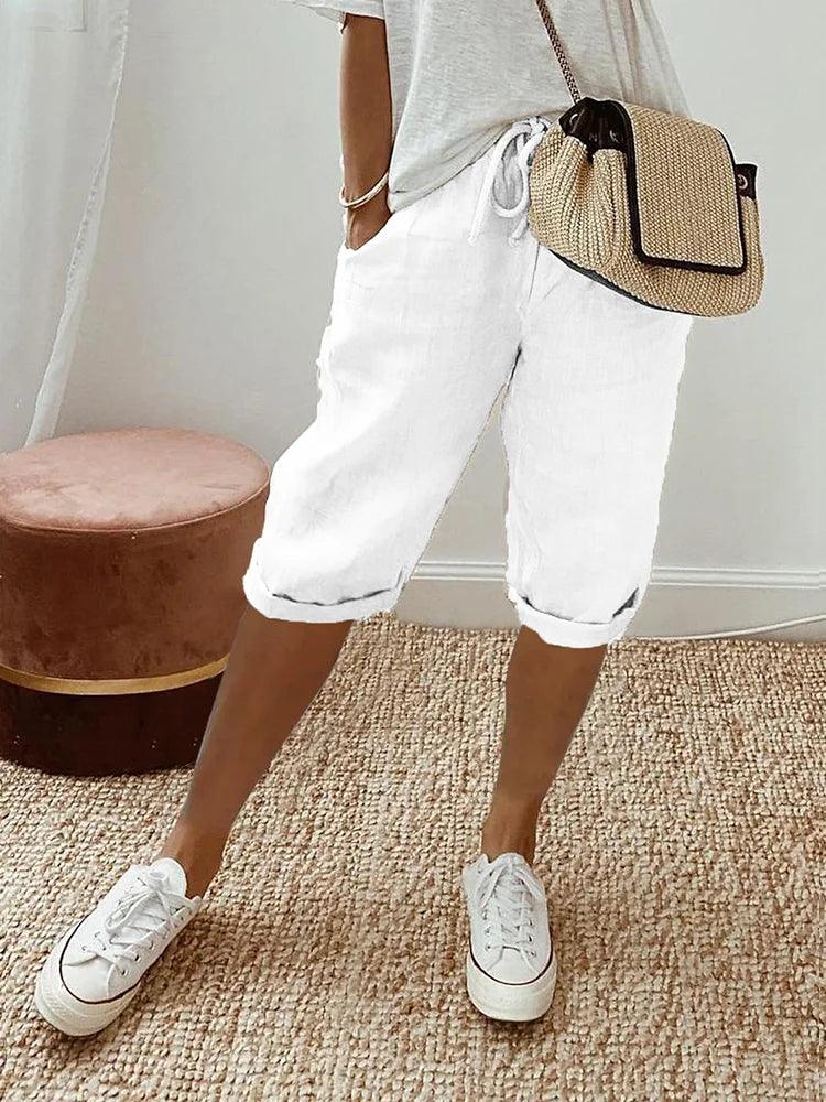 skirts : Pantalon capri en coton-lin à cordon, coupe décontractée Femme in Blanc van Pantino