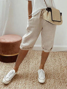 skirts : Pantalon capri en coton-lin à cordon, coupe décontractée Femme in Beige van Pantino