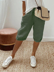 skirts : Pantalon capri en coton-lin à cordon, coupe décontractée Femme in Vert van Pantino