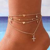 Fußkettchen Set Damen - Herz Diamanten Kreuz Elegant - Goldfarben
