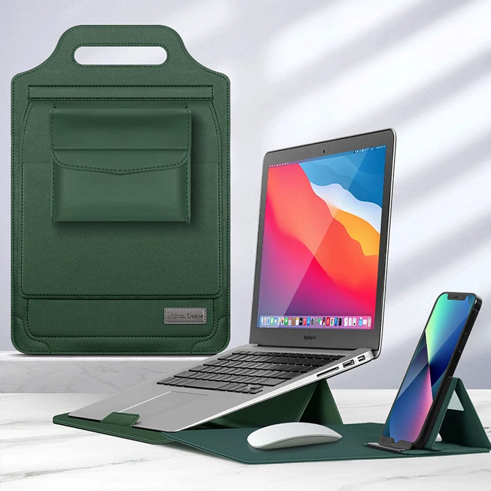 Laptop Sleeve : Laptophoes Bruin - Stijlvolle Veelzijdige Werkplek - Leer in Groen van Pantino