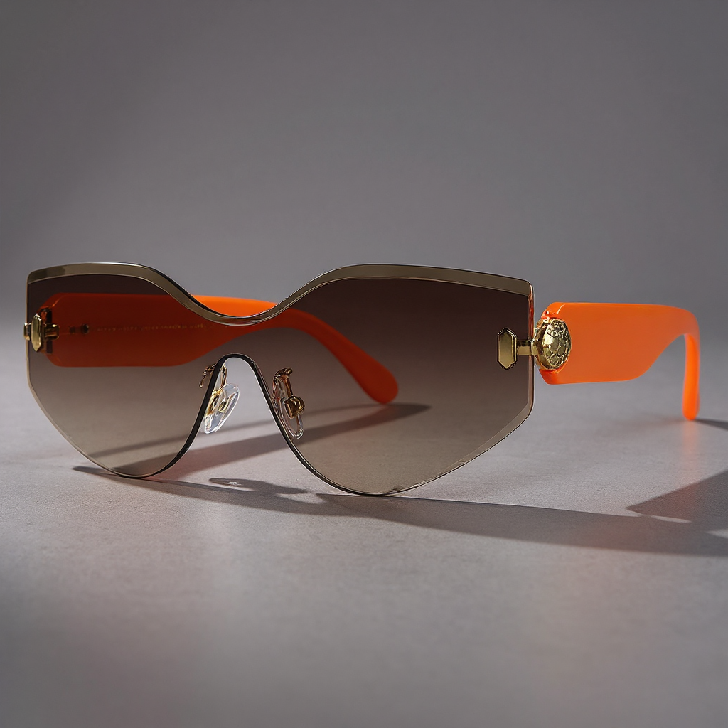: Zonnebril Oversized Randloos Schildmodel Goudkleurige Accent in Oranje van Pantinoshop