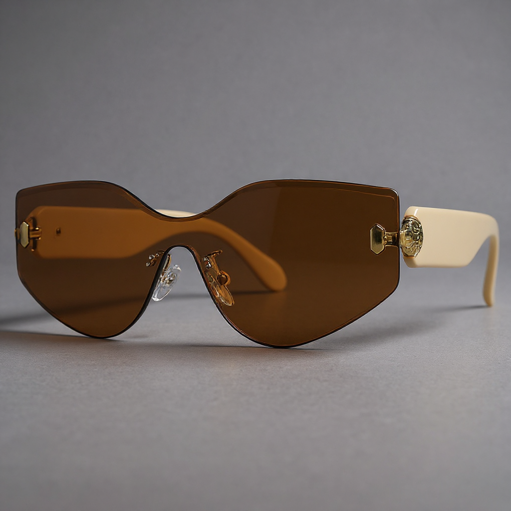 : Zonnebril Oversized Randloos Schildmodel Goudkleurige Accent in Amber van Pantinoshop