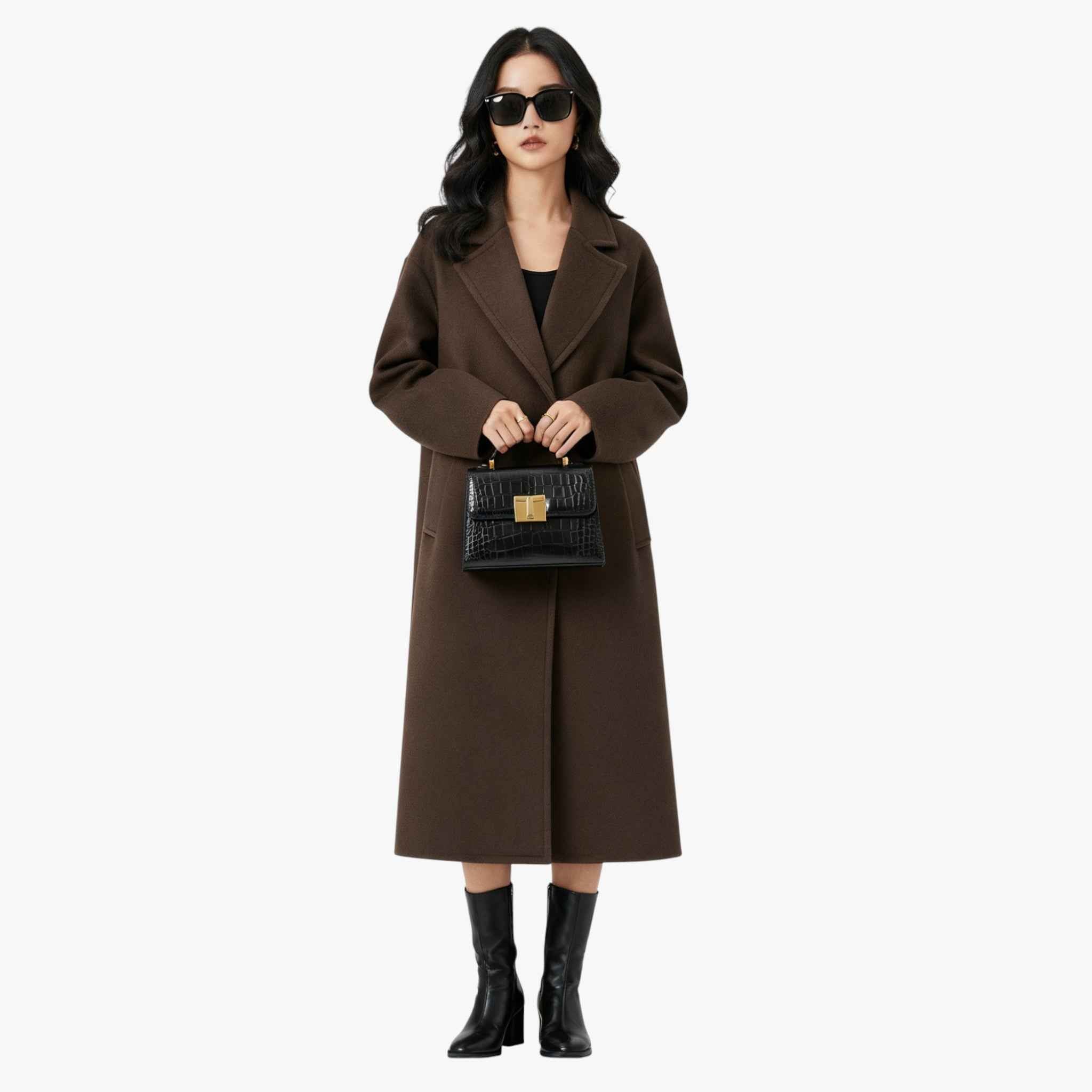 Damesjassen & -jacks : Lange Winterjas Dames Elegante Wollen Jas - Bruin in van Pantino