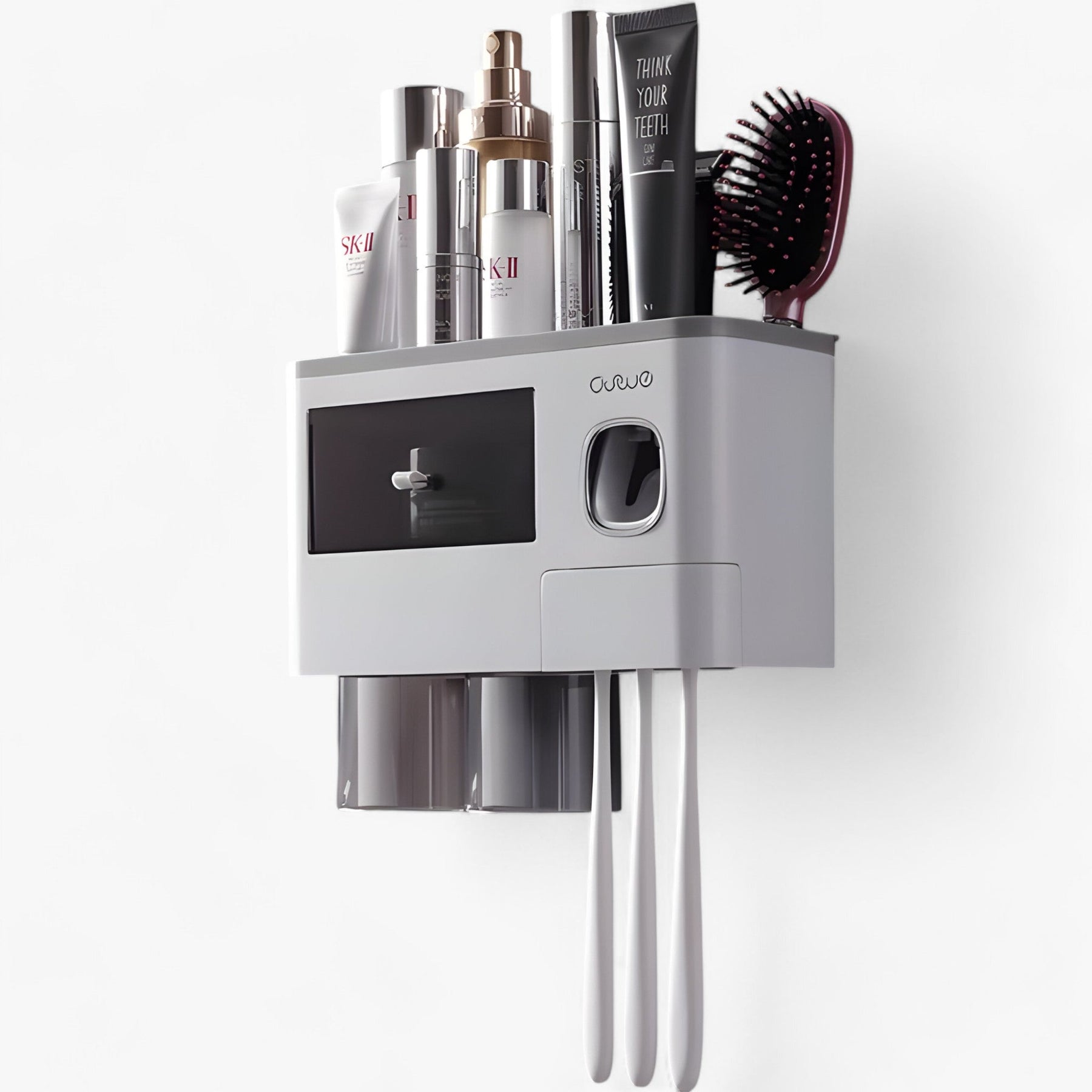 home & garden : Automatische Dispenser - Wandmontage met Opbergvak - Zwart in Grijs 2 Bekers van Pantino