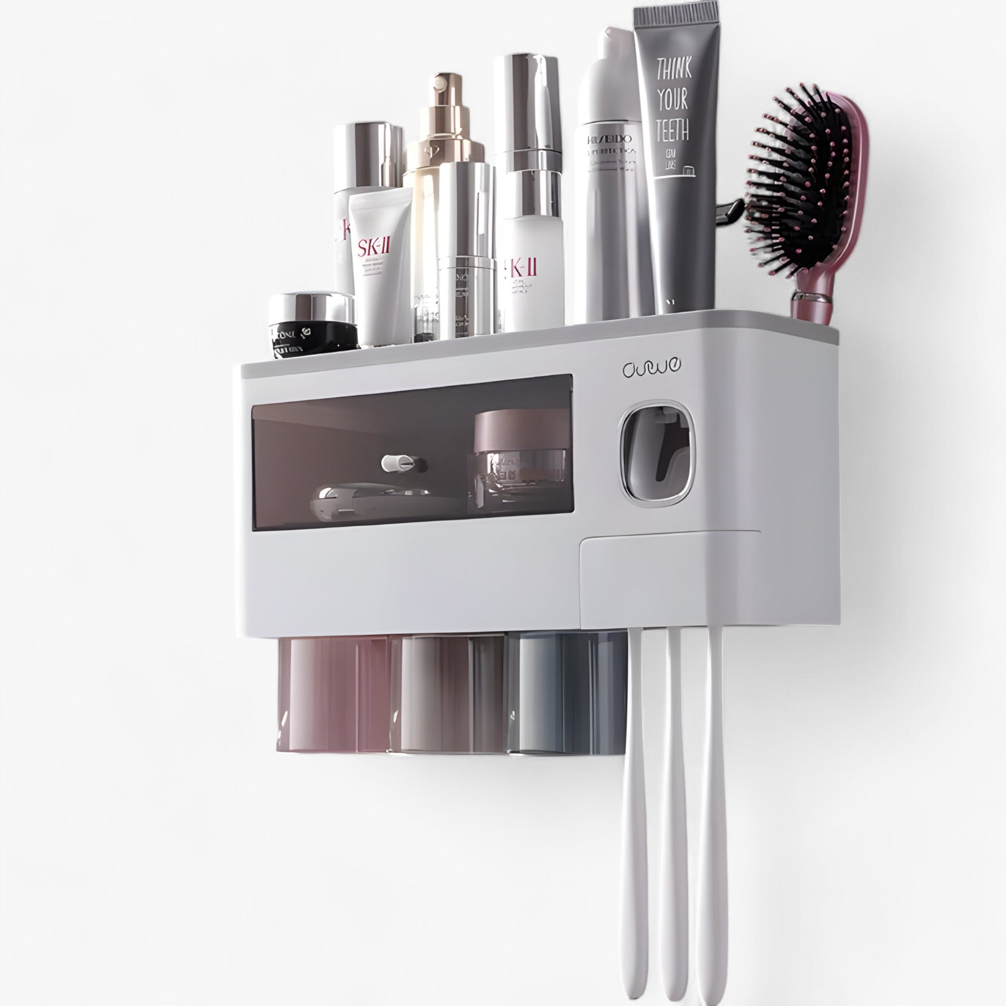 home & garden : Automatische Dispenser - Wandmontage met Opbergvak - Zwart in Grijs 3 Bekers van Pantino
