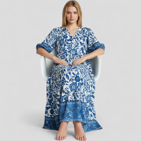 Women Set : Zomerjurk Dames Blauw - Elegante met Bloemenprint in van Pantino