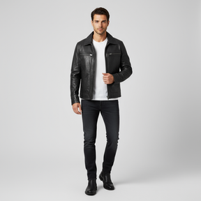 Leather Biker Jacket : Jack Heren Puur Zwart - Leren Bikerjack - Vintage Biker Warmte in van Pantino