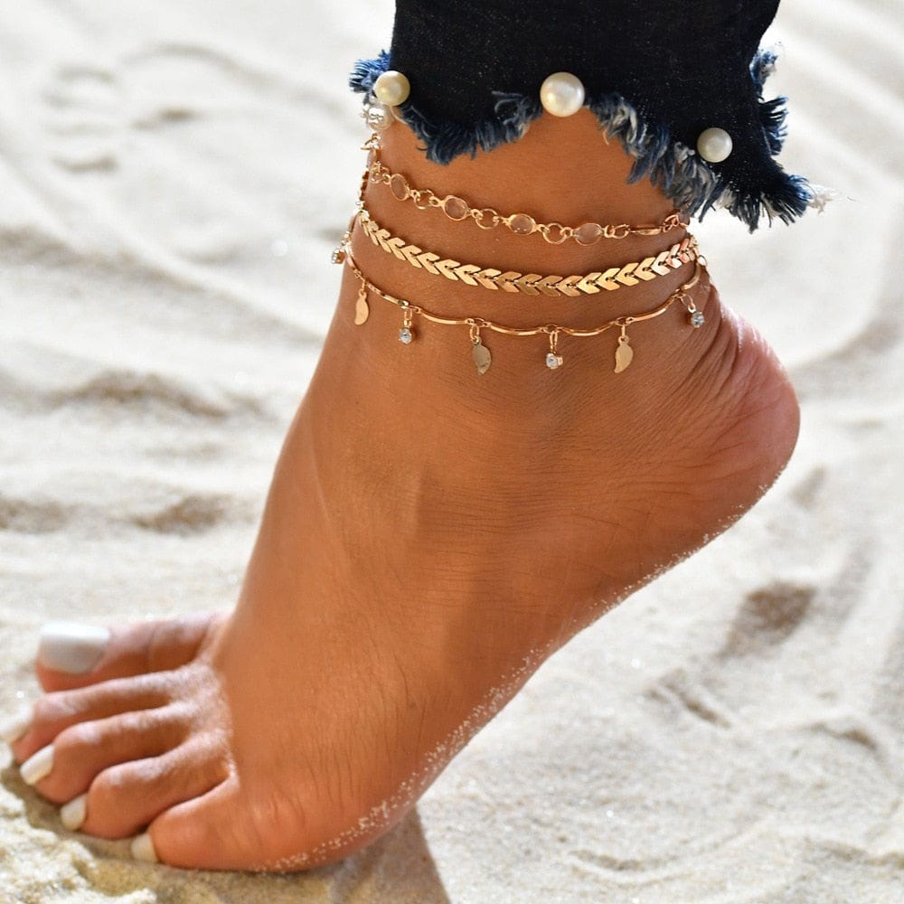 Anklet Set : Gouden Enkelbanden Set - Kleine Veer Bedeltjes Delicaat - Goudkleurig in Default Title van Pantino
