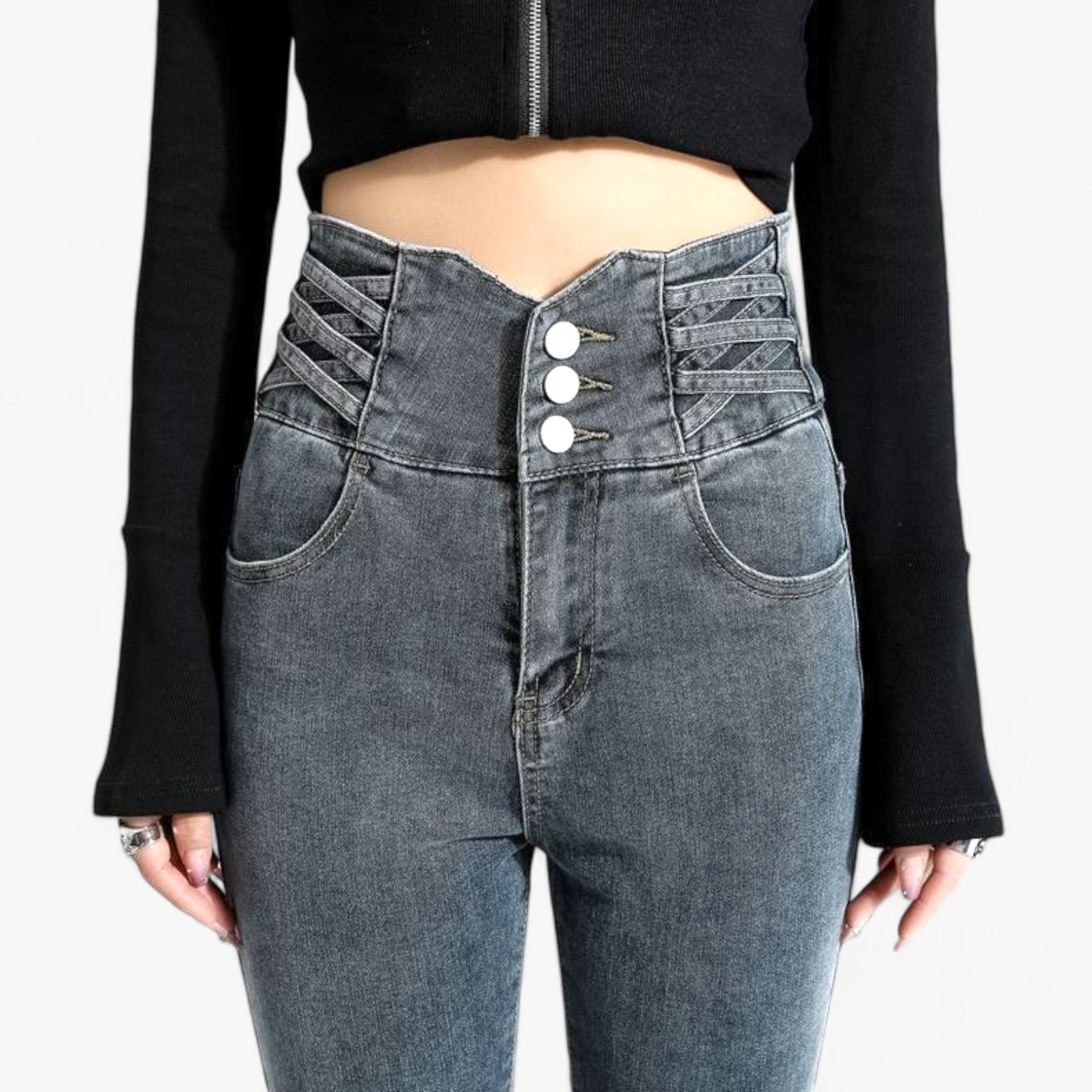 Jeans : Jeans Grijs 3 Knoppen - Skinny Koker - Slanke Stretch voor een Flatterende Pasvorm in Grijs 3 Knoppen van Pantino