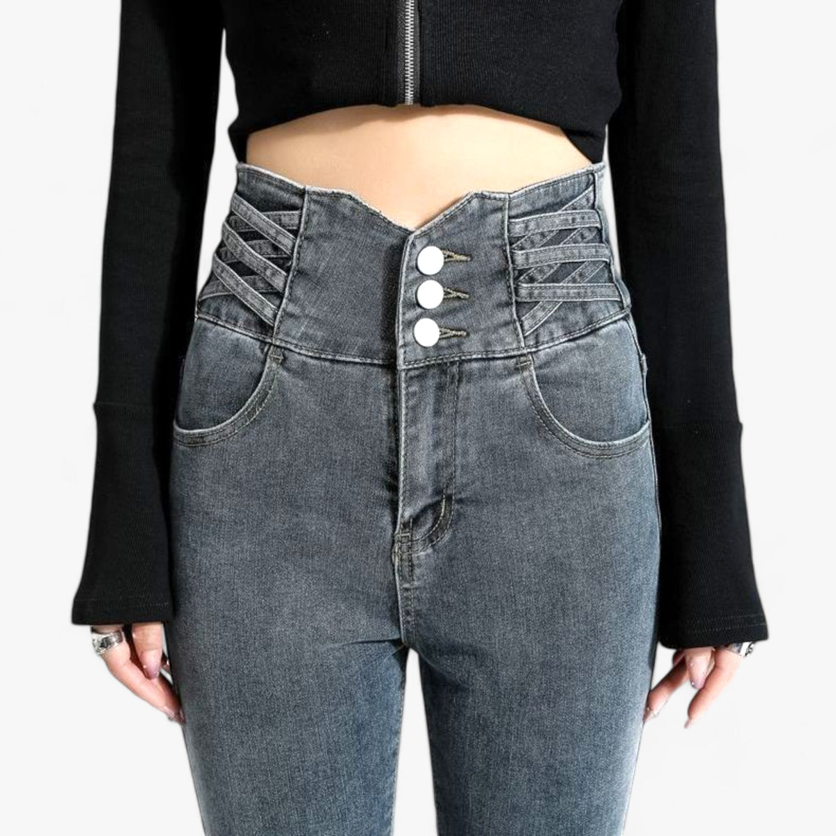 Jeans : Jeans Grijs 3 Knoppen - Skinny Koker - Slanke Stretch voor een Flatterende Pasvorm in Grijs 3 Knoppen van Pantino