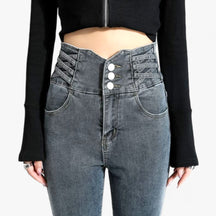 Jeans : Jeans Grijs 3 Knoppen - Skinny Koker - Slanke Stretch voor een Flatterende Pasvorm in Grijs 3 Knoppen van Pantino