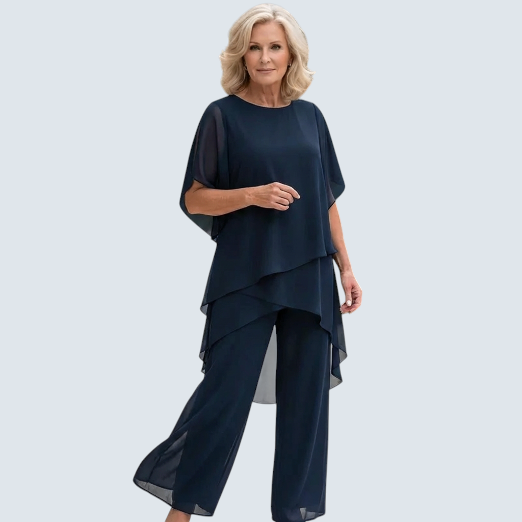 : Gelaagde Tweedelige Dames Set - Elegant en Comfortabel in Blauw van Pantinoshop
