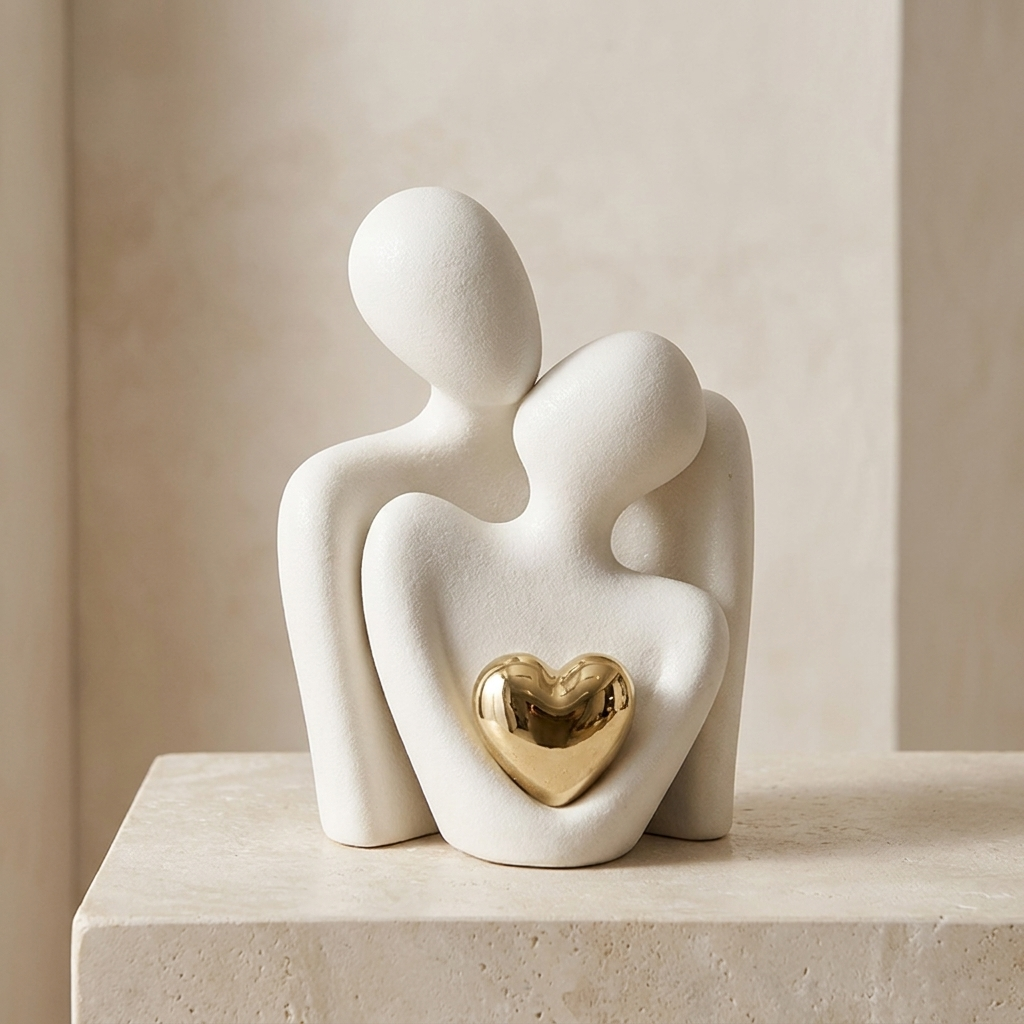 Knuffelend Koppel Beeldje – Modern Sculptuur met Hartdetail