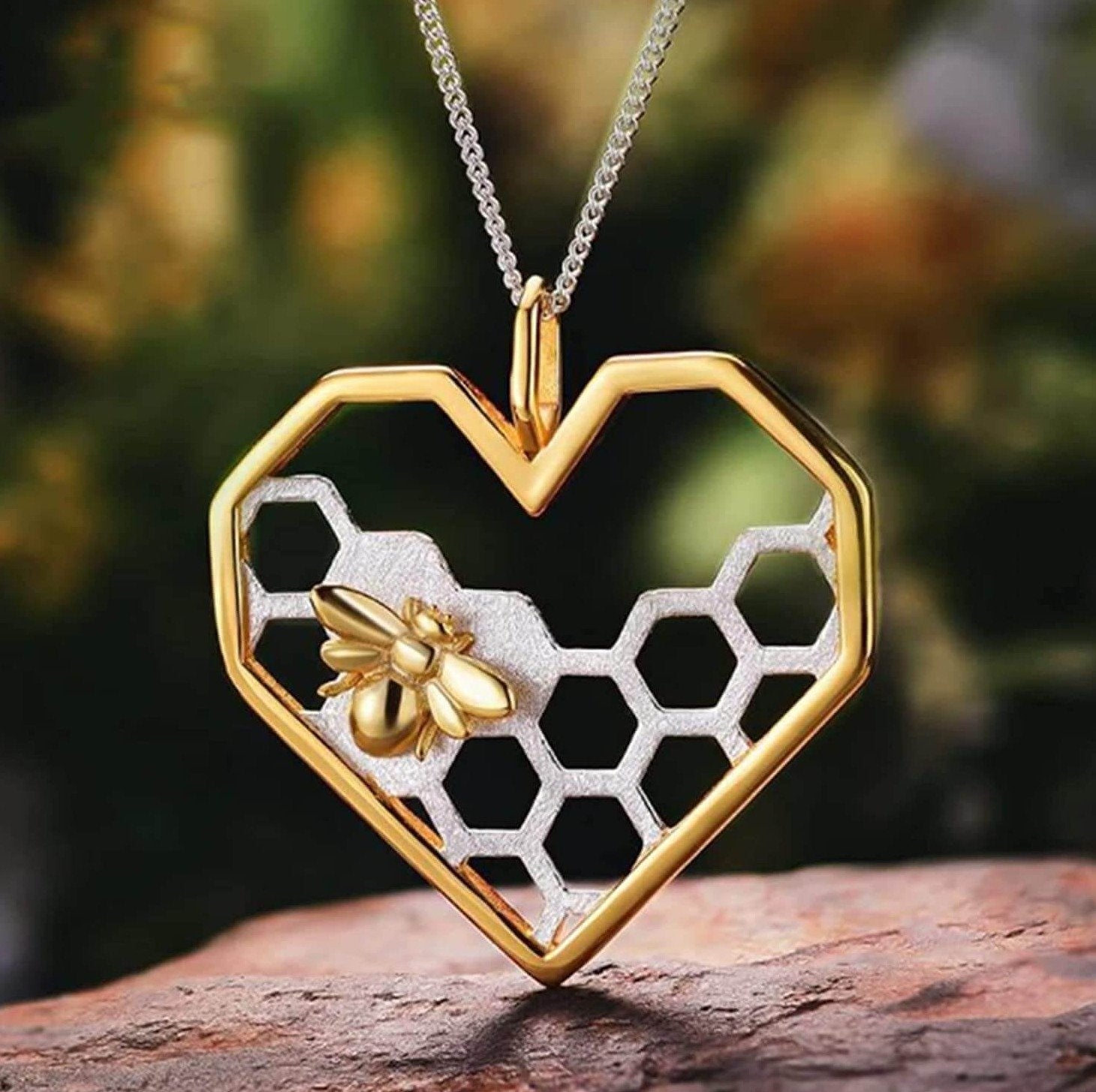 Necklace : Ketting Heren - Honingraat Hart in silver-gold van Pantino