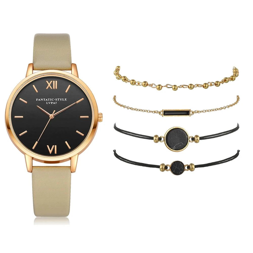 watches : Dames Horloge Zwart Analoog Quartz met 4 Armbanden voor een complete look in Beige 4 GRATIS Armbanden van Pantino