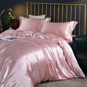 home & garden : Luxe Set (4 Stuks) Zijde/satijn Bedlinnen Dekbedovertrek-2x Kussensloop-Laken - Wit in Roze van Pantino