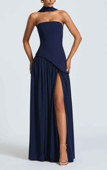 Maxi Dress : Robe longue fluide fendue femme - Élégante, confortable, sans bretelles avec ruban in Bleu Foncé van Pantino