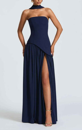 Maxi Dress : Robe longue fluide fendue femme - Élégante, confortable, sans bretelles avec ruban in Bleu Foncé van Pantino