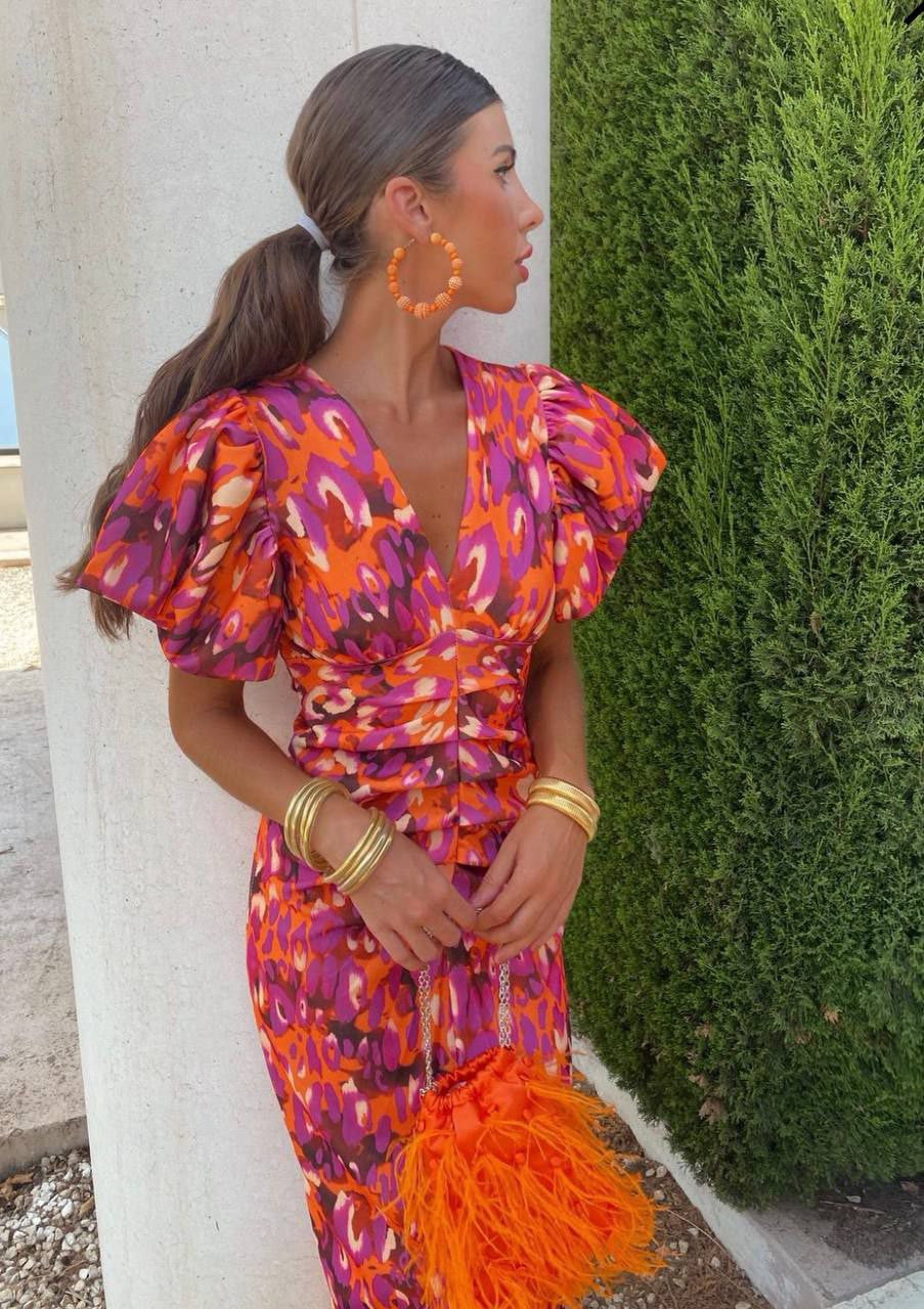 dresses : Robe Midi Fleurie Emery Fluide Femme - Élégante, Légère pour l'Été, Manches Bouffantes in Orange van Pantino