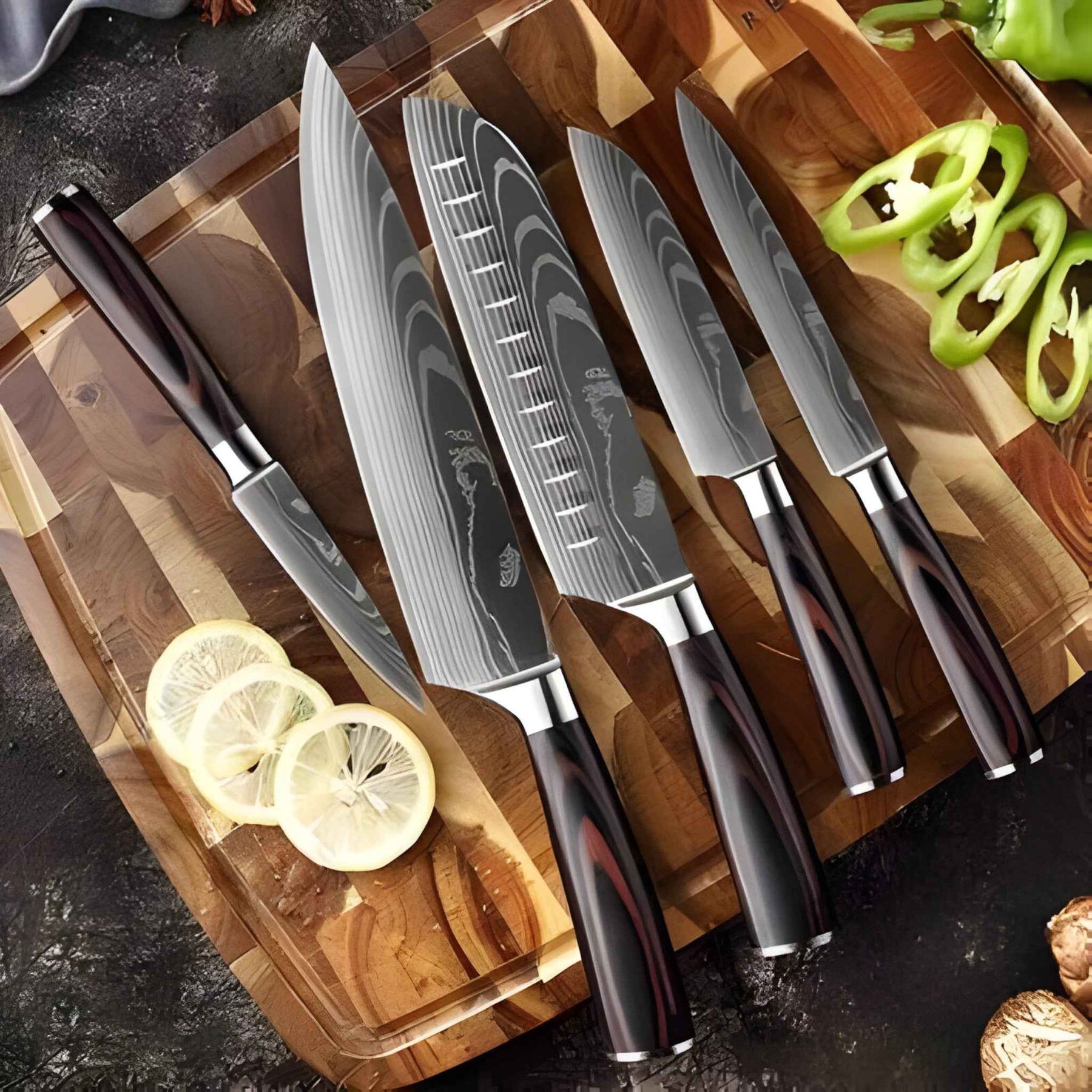 Home & Garden : Set van 8 Calla Japanse keukenmessen in Damascus-staal, extreem scherp voor professionele koks in van Pantino