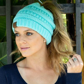 Ponytail Beanie : Ponytail Winter Beanie - Prachtige Beanies voor Jou Dames - Zwart in Baby Blauw van Pantino