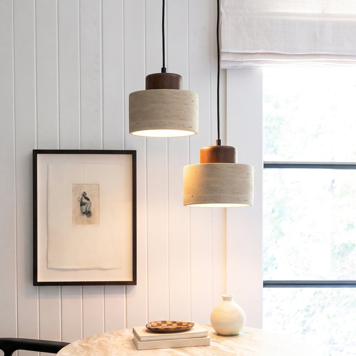 Travertin Hanglamp - Natuursteen & Hout, Dimbaar