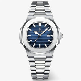 men's watch : Heren Horloge Blauw - Stijlvol Roestvrij Staal Polshorloge met Leren Band in Blauw van Pantinoshop