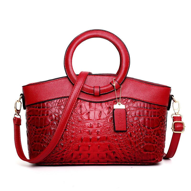 bags : Handtas Dames Karamelbruin - LuxeCroco - Luxe Handtassen voor in Lijsterbes Rood van Pantino