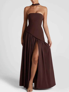 Maxi Dress : Robe longue fluide fendue femme - Élégante, confortable, sans bretelles avec ruban in Marron van Pantino
