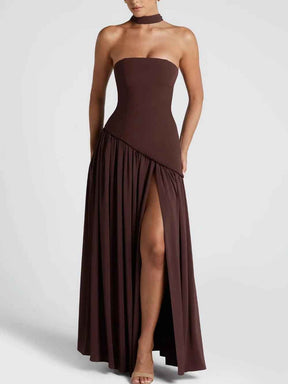 Maxi Dress : Robe longue fluide fendue femme - Élégante, confortable, sans bretelles avec ruban in van Pantino