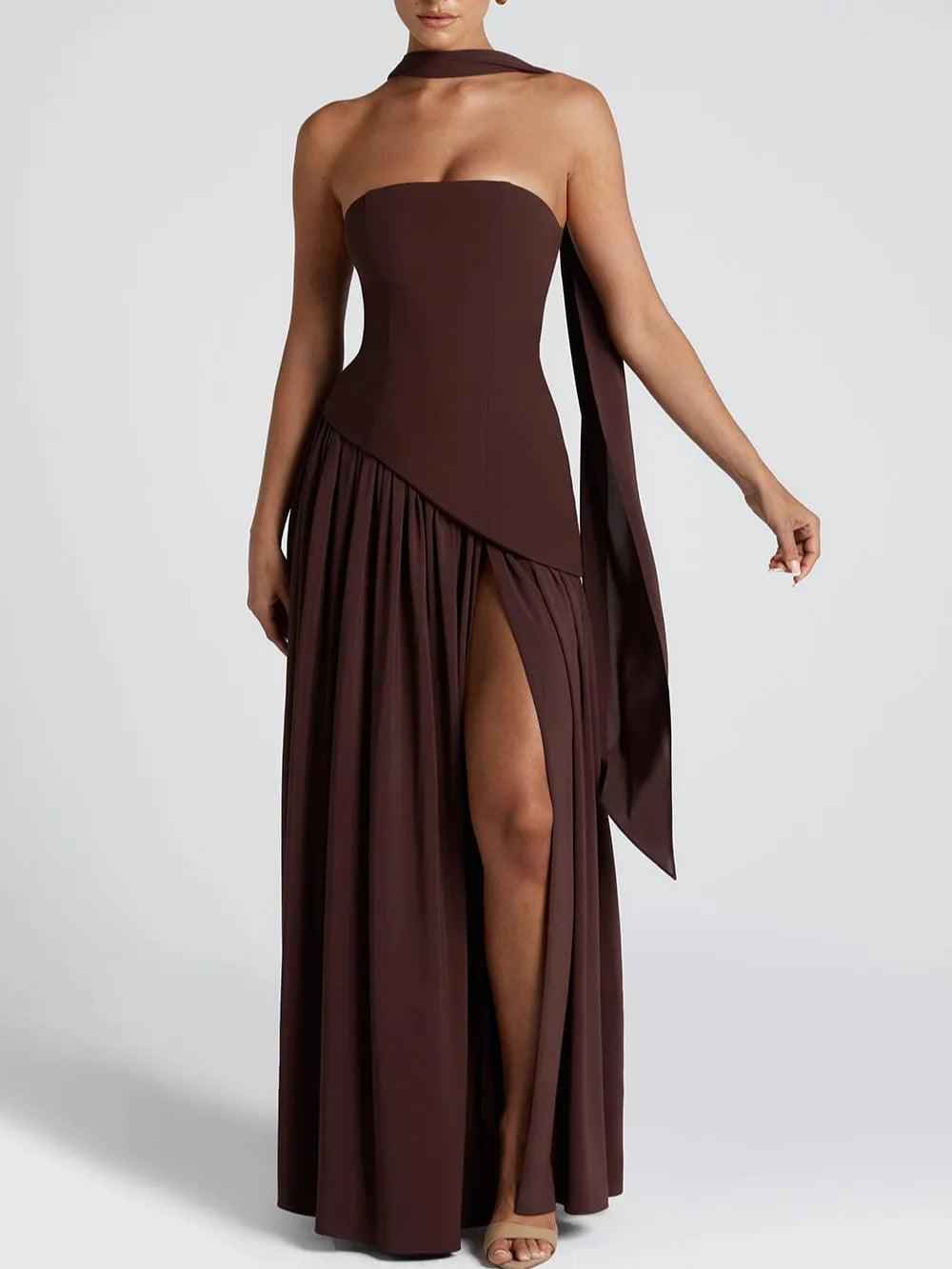 Maxi Dress : Robe longue fluide fendue femme - Élégante, confortable, sans bretelles avec ruban in van Pantino