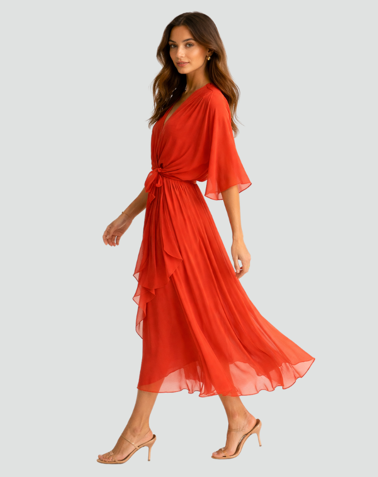 Dames jurken : Dames Midi Jurk met Overslag, Strikdetail - Elegant & Soepel in van Pantinoshop