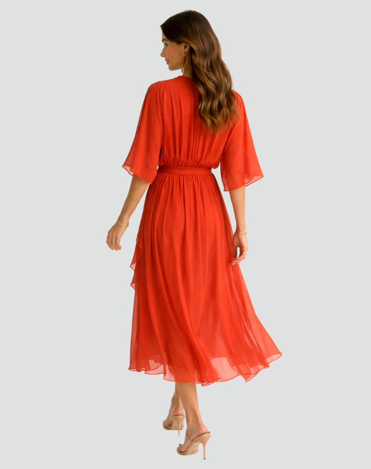Dames jurken : Dames Midi Jurk met Overslag, Strikdetail - Elegant & Soepel in Grijs van Pantinoshop