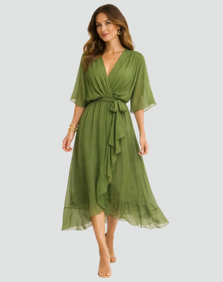 Dames jurken : Dames Midi Jurk met Overslag, Strikdetail - Elegant & Soepel in van Pantinoshop