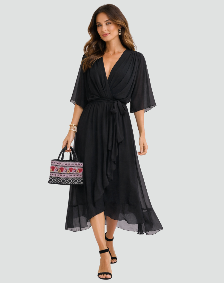 Dames jurken : Dames Midi Jurk met Overslag, Strikdetail - Elegant & Soepel in van Pantinoshop