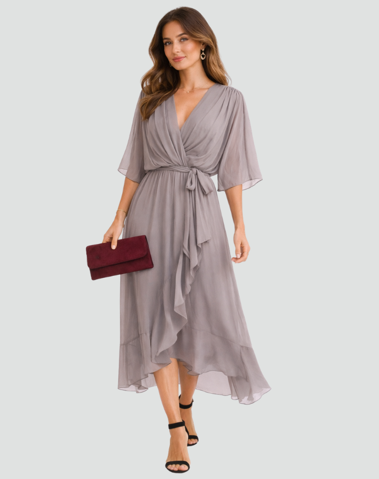 Dames jurken : Dames Midi Jurk met Overslag, Strikdetail - Elegant & Soepel in Oranje van Pantinoshop