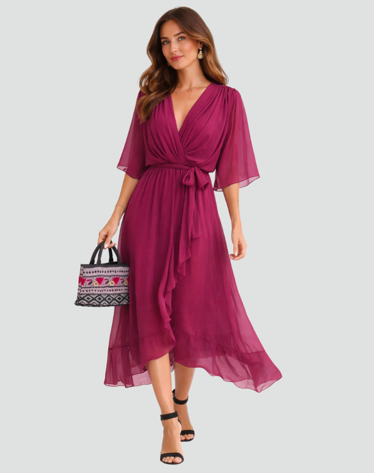 Dames jurken : Dames Midi Jurk met Overslag, Strikdetail - Elegant & Soepel in Donkerpaars van Pantinoshop