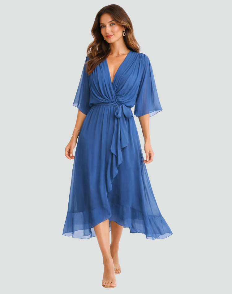Dames jurken : Dames Midi Jurk met Overslag, Strikdetail - Elegant & Soepel in Blauw van Pantinoshop