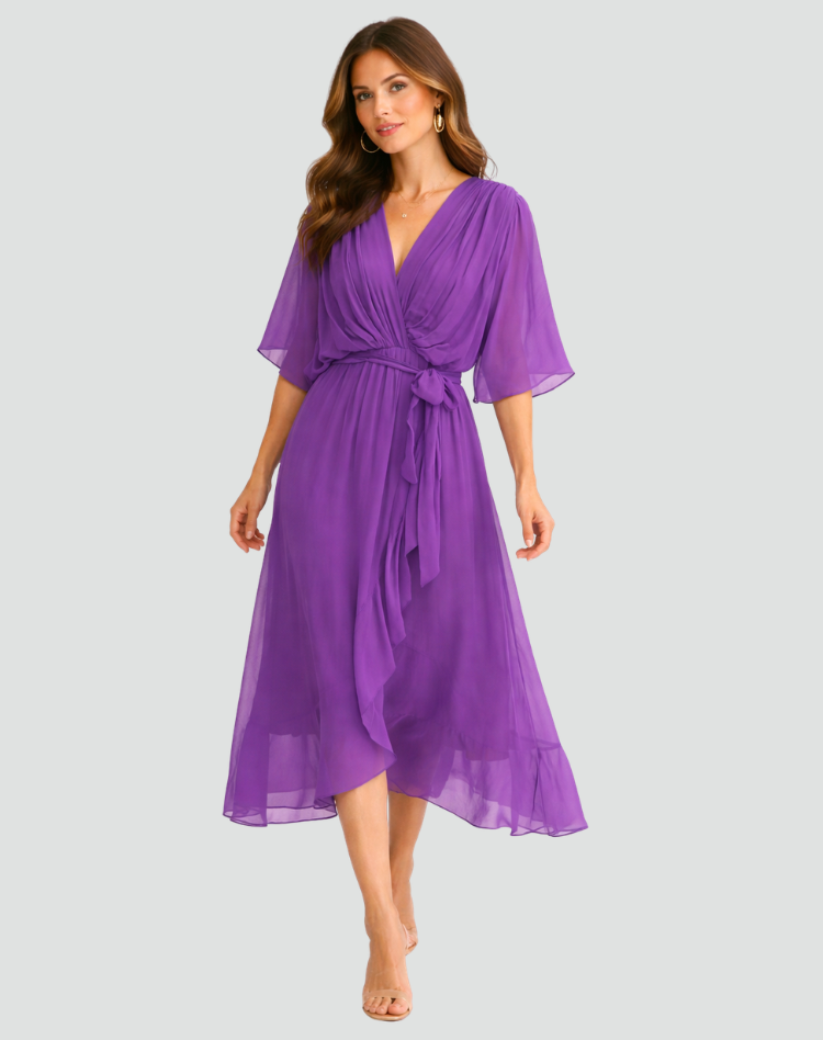 Dames jurken : Dames Midi Jurk met Overslag, Strikdetail - Elegant & Soepel in Paars van Pantinoshop