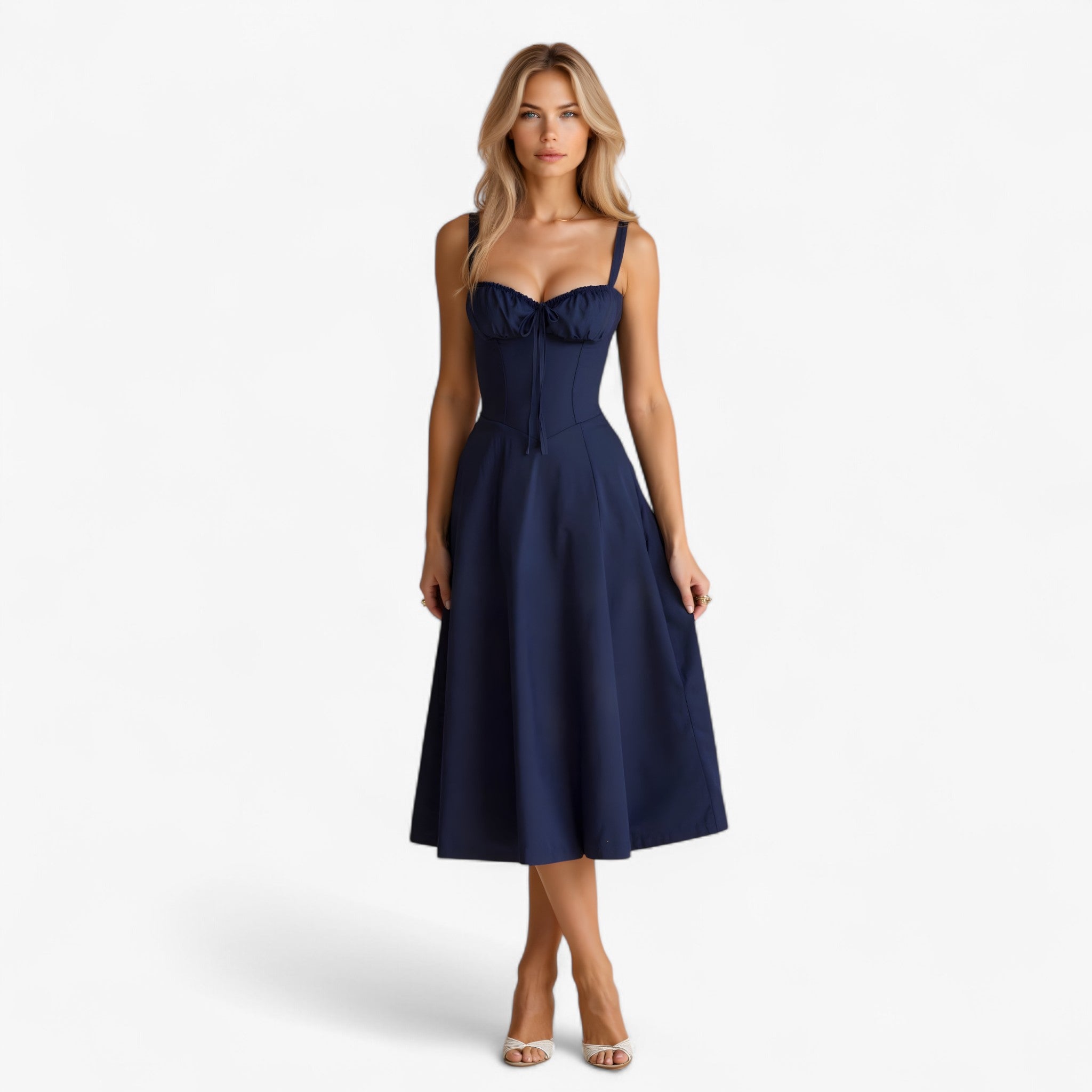 Elegante damesjurk met hoge taille, Midi-jurk Casual of formeel