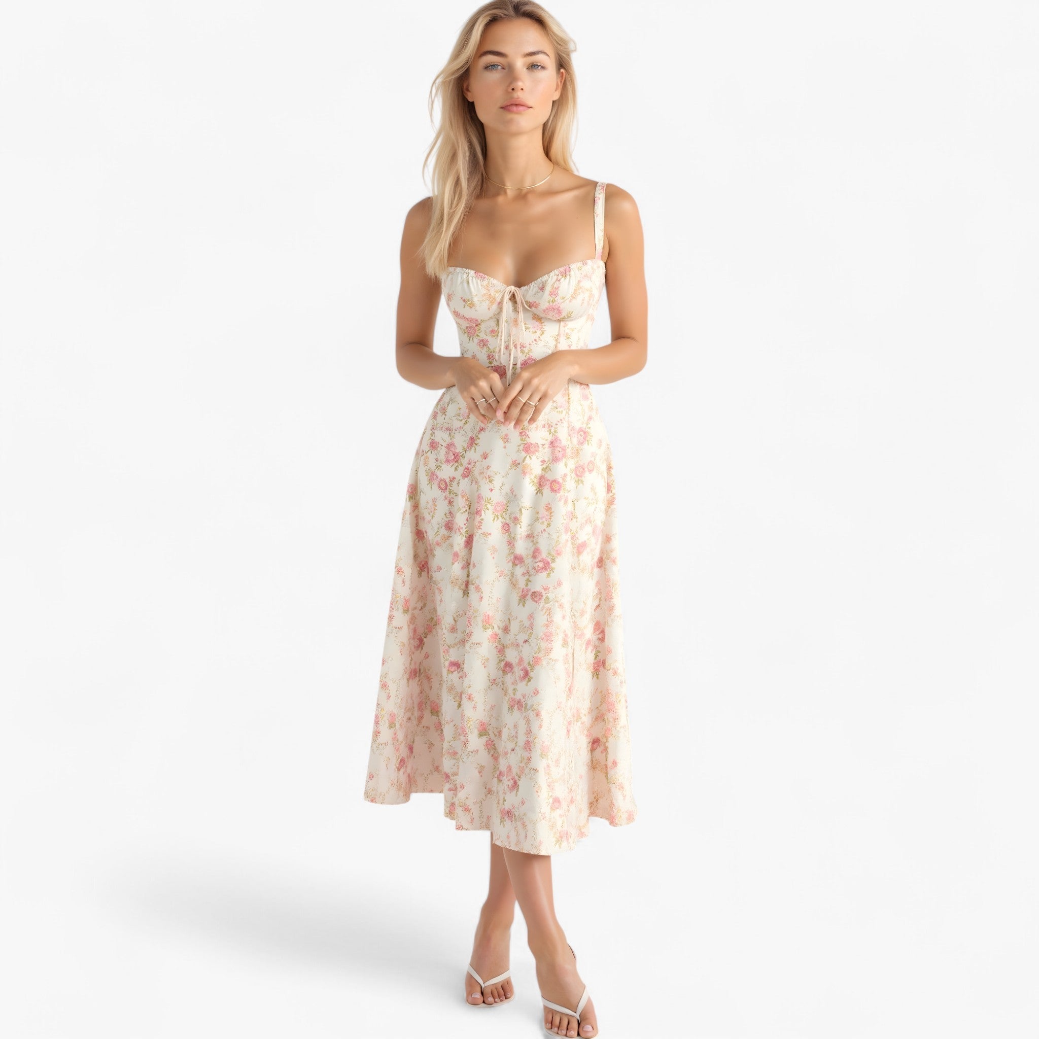 Elegante damesjurk met hoge taille, Midi-jurk Casual of formeel