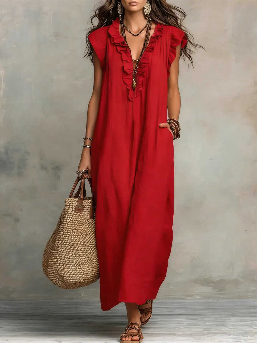 Dames Jurken : Boho Damesjurk - Vloeiend, Comfortabel en Luchtig Linnenmix in Rood van Pantinoshop