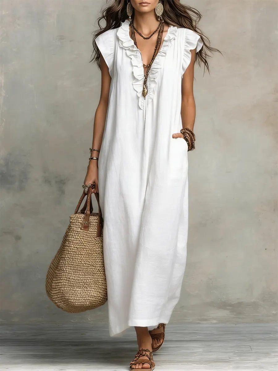 Dames Jurken : Boho Damesjurk - Vloeiend, Comfortabel en Luchtig Linnenmix in Wit van Pantinoshop