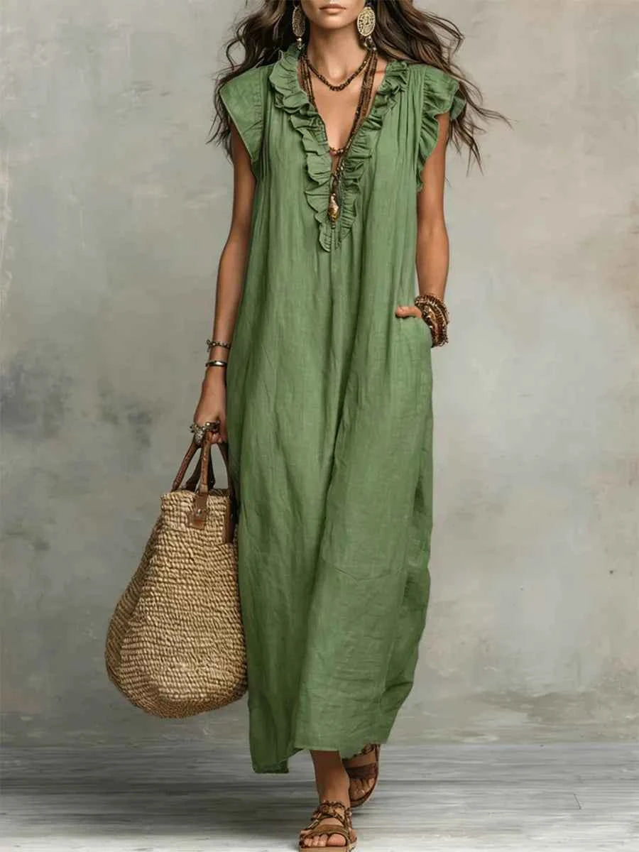 Dames Jurken : Boho Damesjurk - Vloeiend, Comfortabel en Luchtig Linnenmix in Groen van Pantinoshop